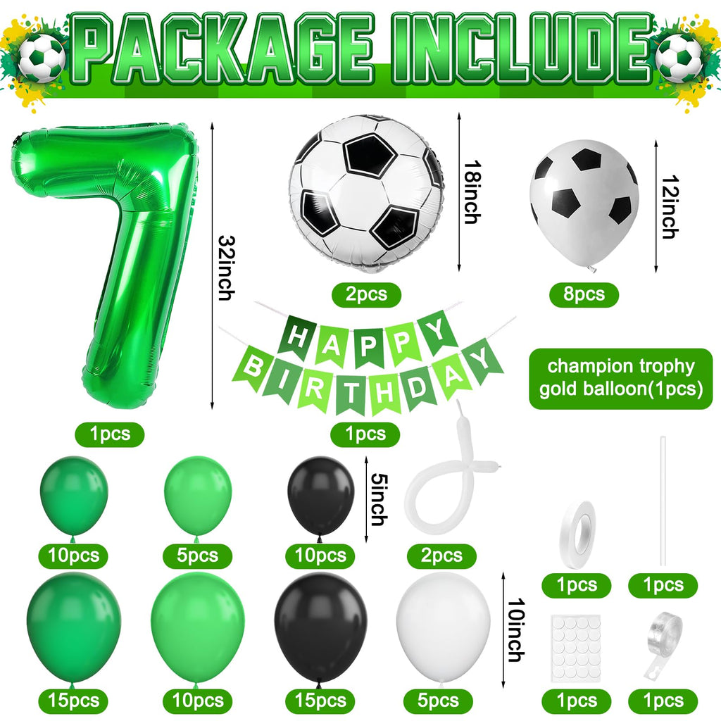 Adorely 7th Birthday Soccer Balloon Arch Kit - Green Black Balloon Garland with Number 7 Foil Balloon for Boys Kids Soccer Party Decorations