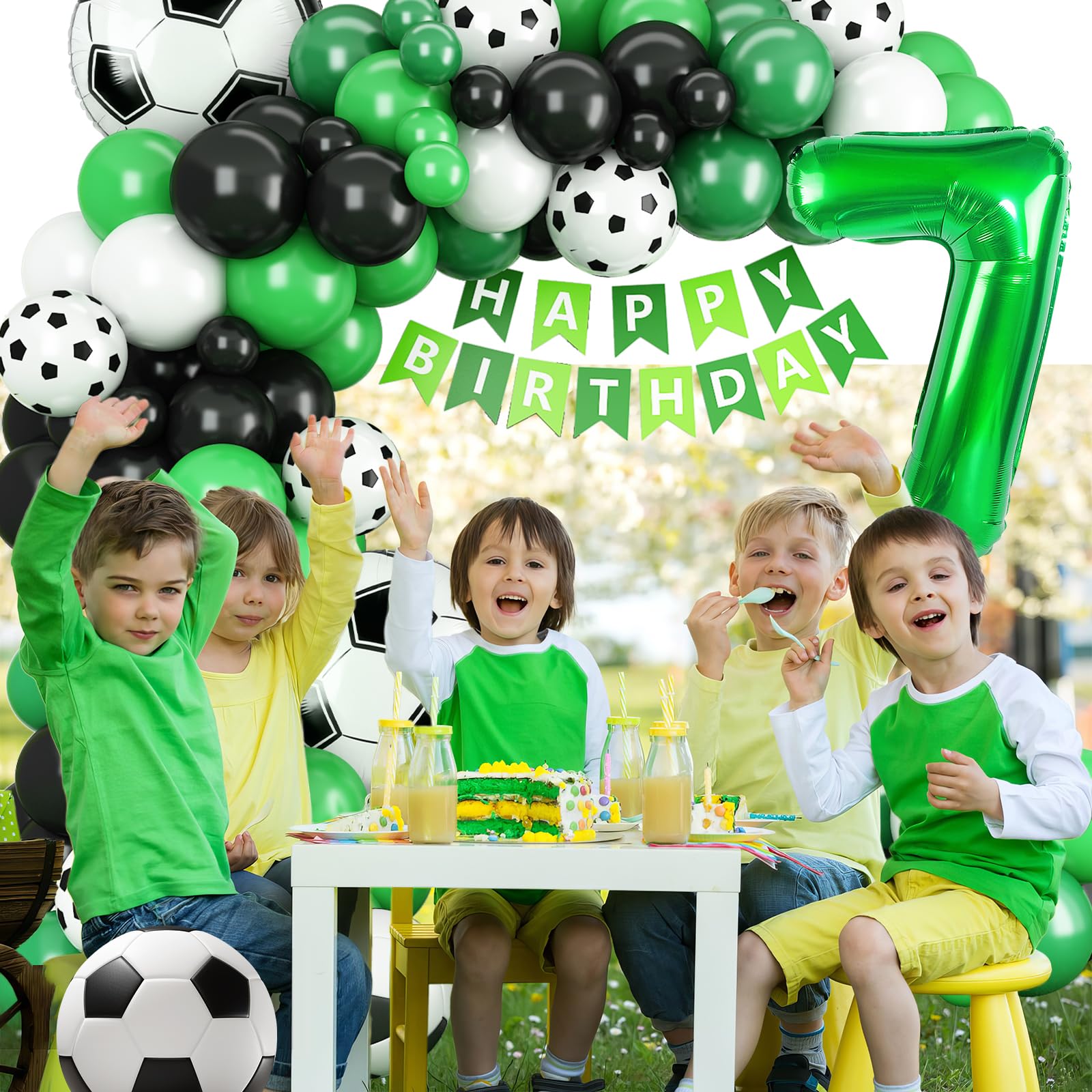 Adorely 7th Birthday Soccer Balloon Arch Kit - Green Black Balloon Garland with Number 7 Foil Balloon for Boys Kids Soccer Party Decorations