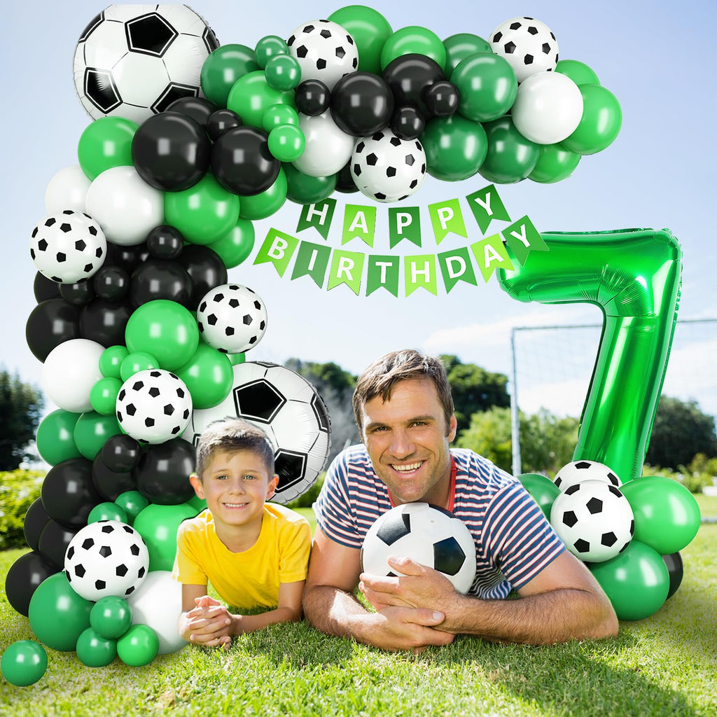 Adorely 7th Birthday Soccer Balloon Arch Kit - Green Black Balloon Garland with Number 7 Foil Balloon for Boys Kids Soccer Party Decorations