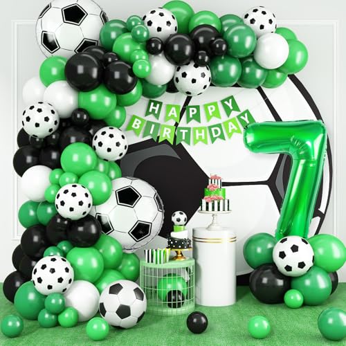 Adorely 7th Birthday Soccer Balloon Arch Kit - Green Black Balloon Garland with Number 7 Foil Balloon for Boys Kids Soccer Party Decorations