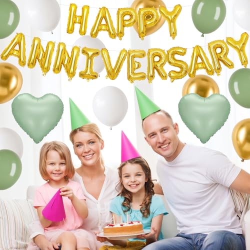 Adorely Anniversary Balloon Set – Green Gold Foil Banner, Heart Balloons & Latex Balloons for Romantic Celebrations