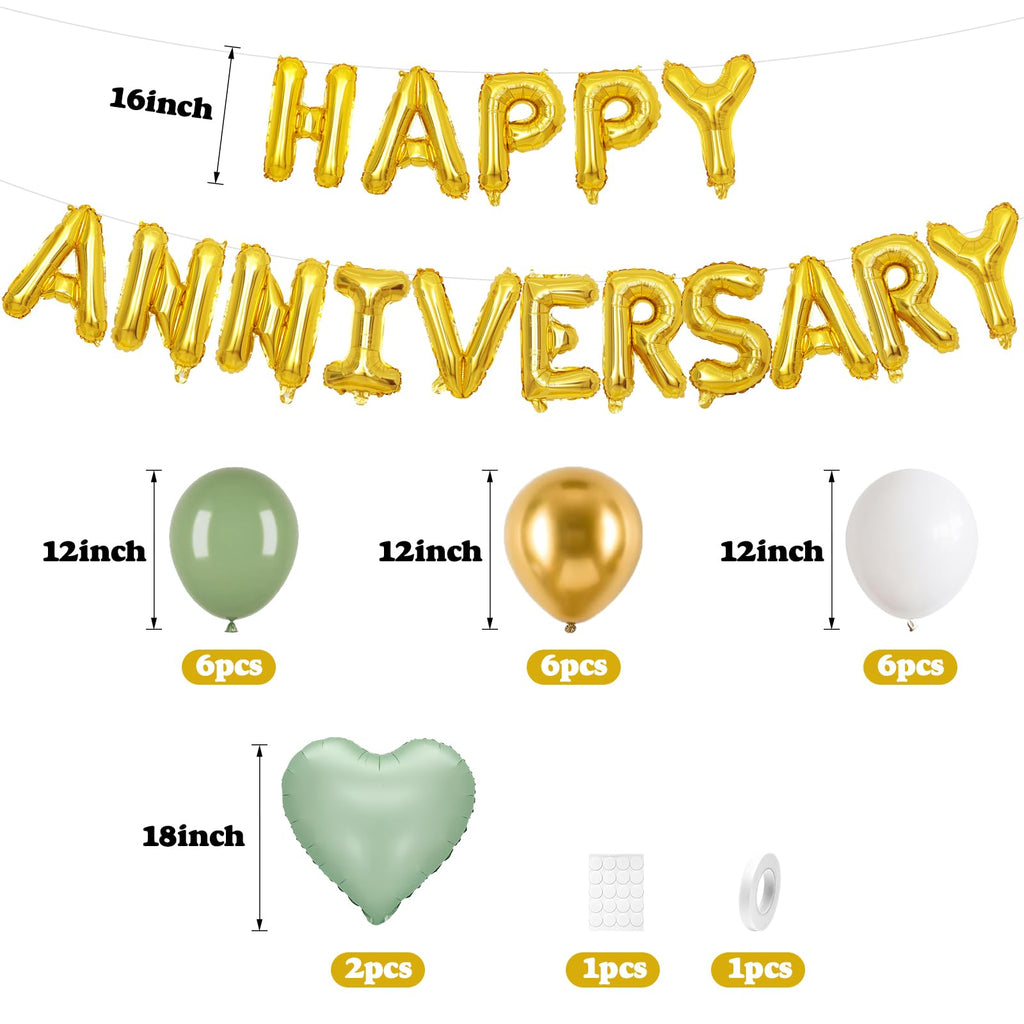 Adorely Anniversary Balloon Set – Green Gold Foil Banner, Heart Balloons & Latex Balloons for Romantic Celebrations
