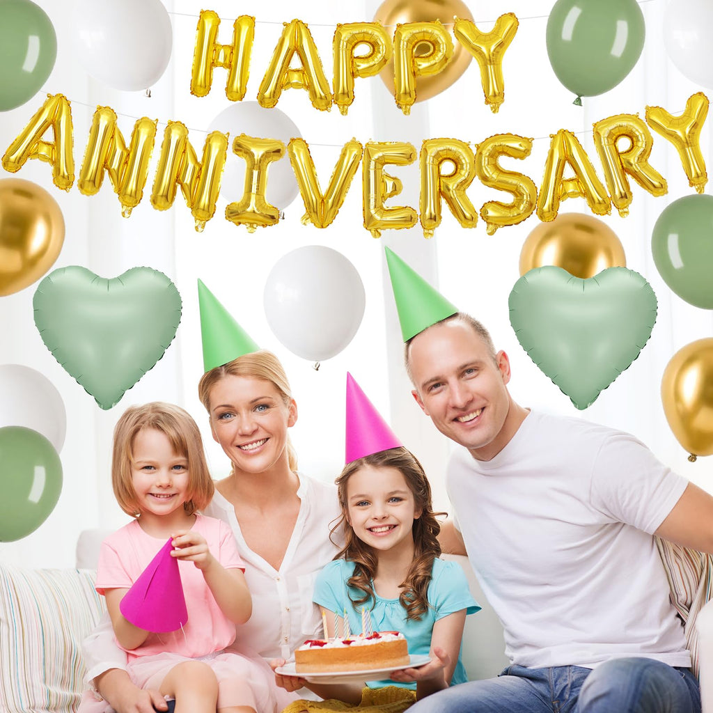 Adorely Anniversary Balloon Set – Green Gold Foil Banner, Heart Balloons & Latex Balloons for Romantic Celebrations