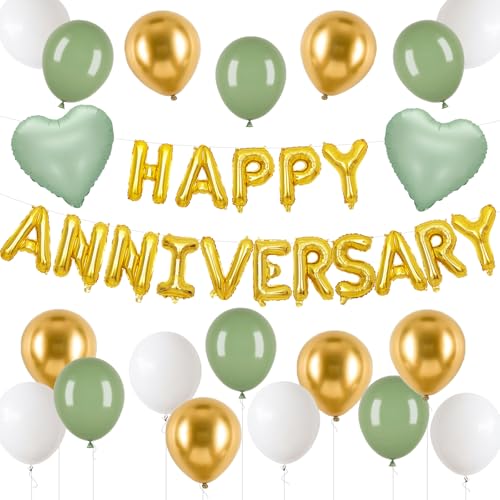 Adorely Anniversary Balloon Set – Green Gold Foil Banner, Heart Balloons & Latex Balloons for Romantic Celebrations