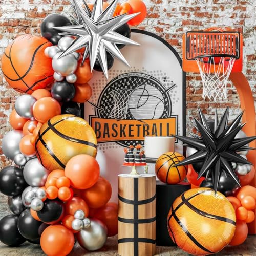 Adorely Basketball Balloon Arch Kit: Black, Orange & Silver Garland with Star & Basketball Foil Balloons for Sport Birthday Party