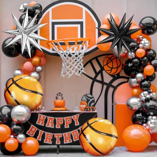Adorely Basketball Balloon Arch Kit: Black, Orange & Silver Garland with Star & Basketball Foil Balloons for Sport Birthday Party