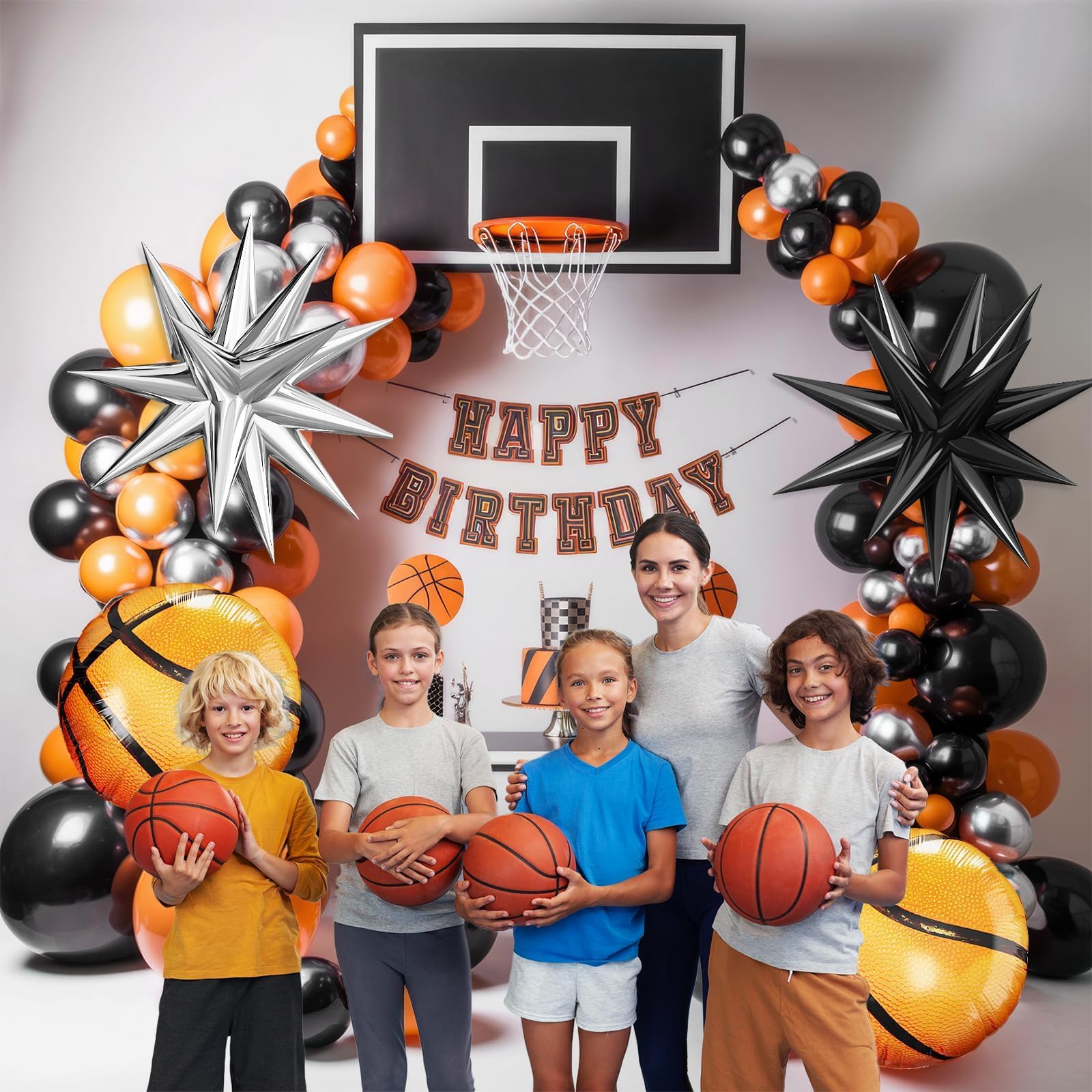 Adorely Basketball Balloon Arch Kit: Black, Orange & Silver Garland with Star & Basketball Foil Balloons for Sport Birthday Party