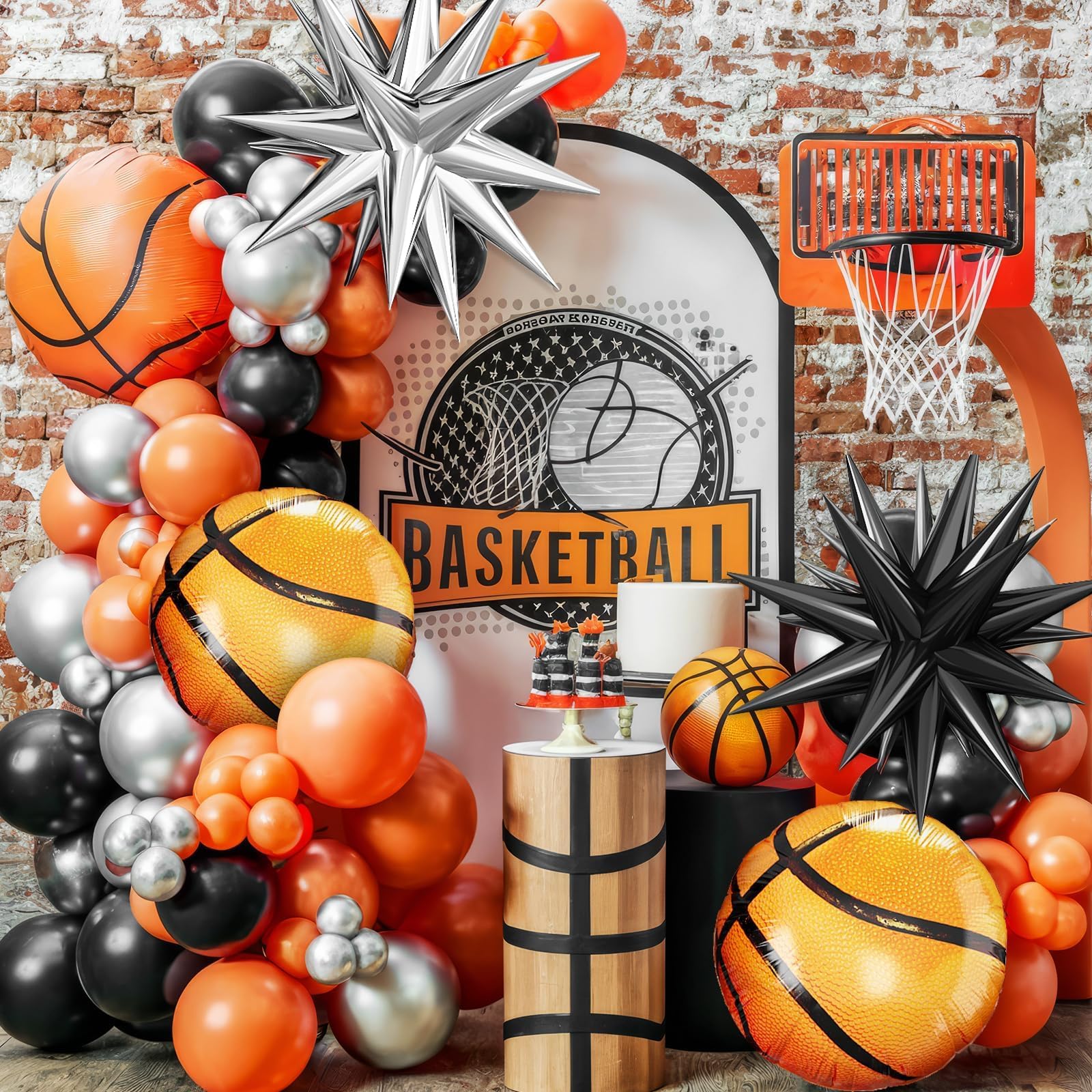 Adorely Basketball Balloon Arch Kit: Black, Orange & Silver Garland with Star & Basketball Foil Balloons for Sport Birthday Party