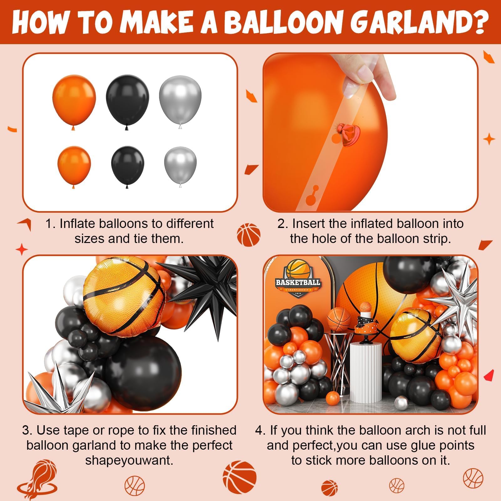 Adorely Basketball Balloon Arch Kit: Black, Orange & Silver Garland with Star & Basketball Foil Balloons for Sport Birthday Party