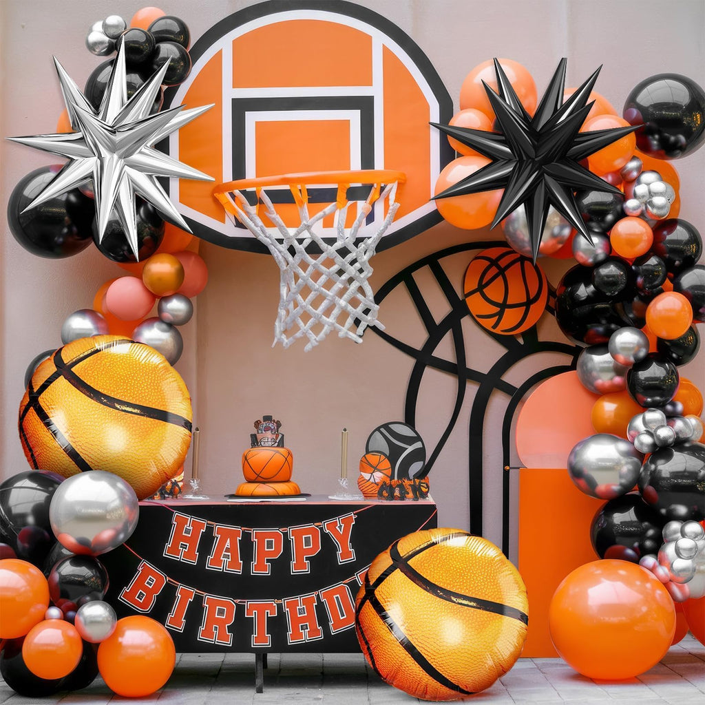 Adorely Basketball Balloon Arch Kit: Black, Orange & Silver Garland with Star & Basketball Foil Balloons for Sport Birthday Party