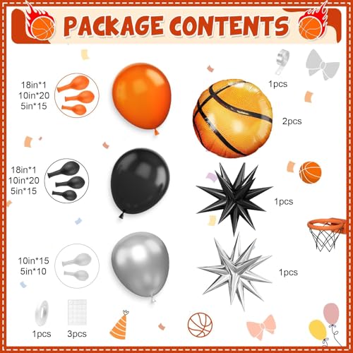 Adorely Basketball Balloon Arch Kit: Black, Orange & Silver Garland with Star & Basketball Foil Balloons for Sport Birthday Party
