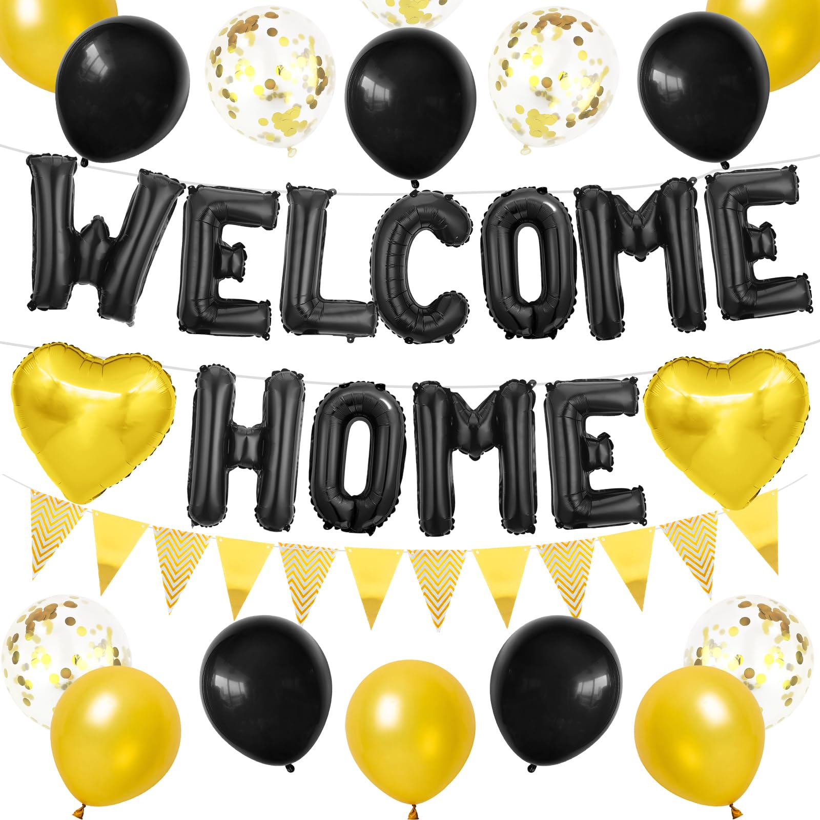 Adorely Black Gold Welcome Home Balloon Banner Set with Foil Banner, Heart Balloons & Confetti