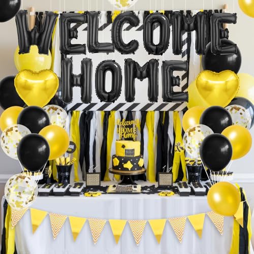 Adorely Black Gold Welcome Home Balloon Banner Set with Foil Banner, Heart Balloons & Confetti