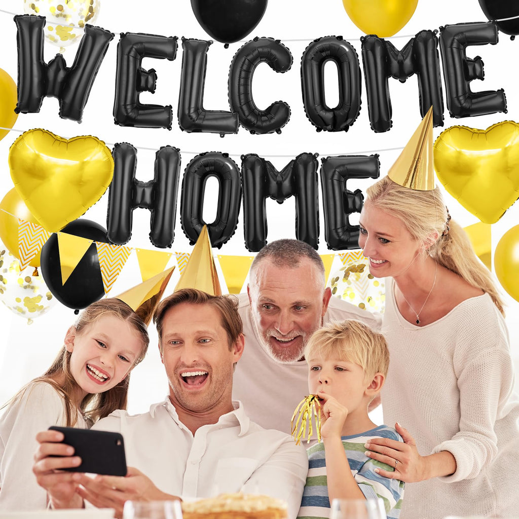 Adorely Black Gold Welcome Home Balloon Banner Set with Foil Banner, Heart Balloons & Confetti