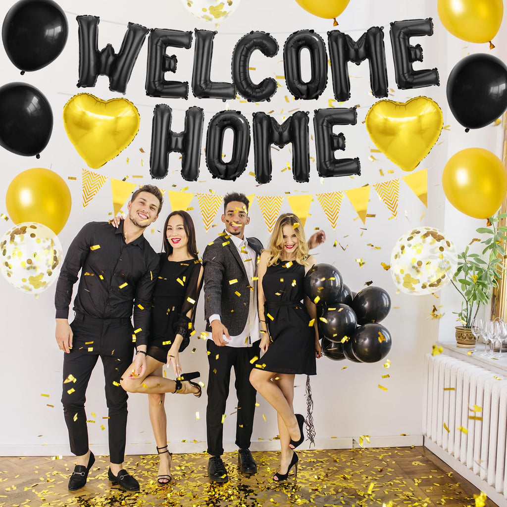 Adorely Black Gold Welcome Home Balloon Banner Set with Foil Banner, Heart Balloons & Confetti