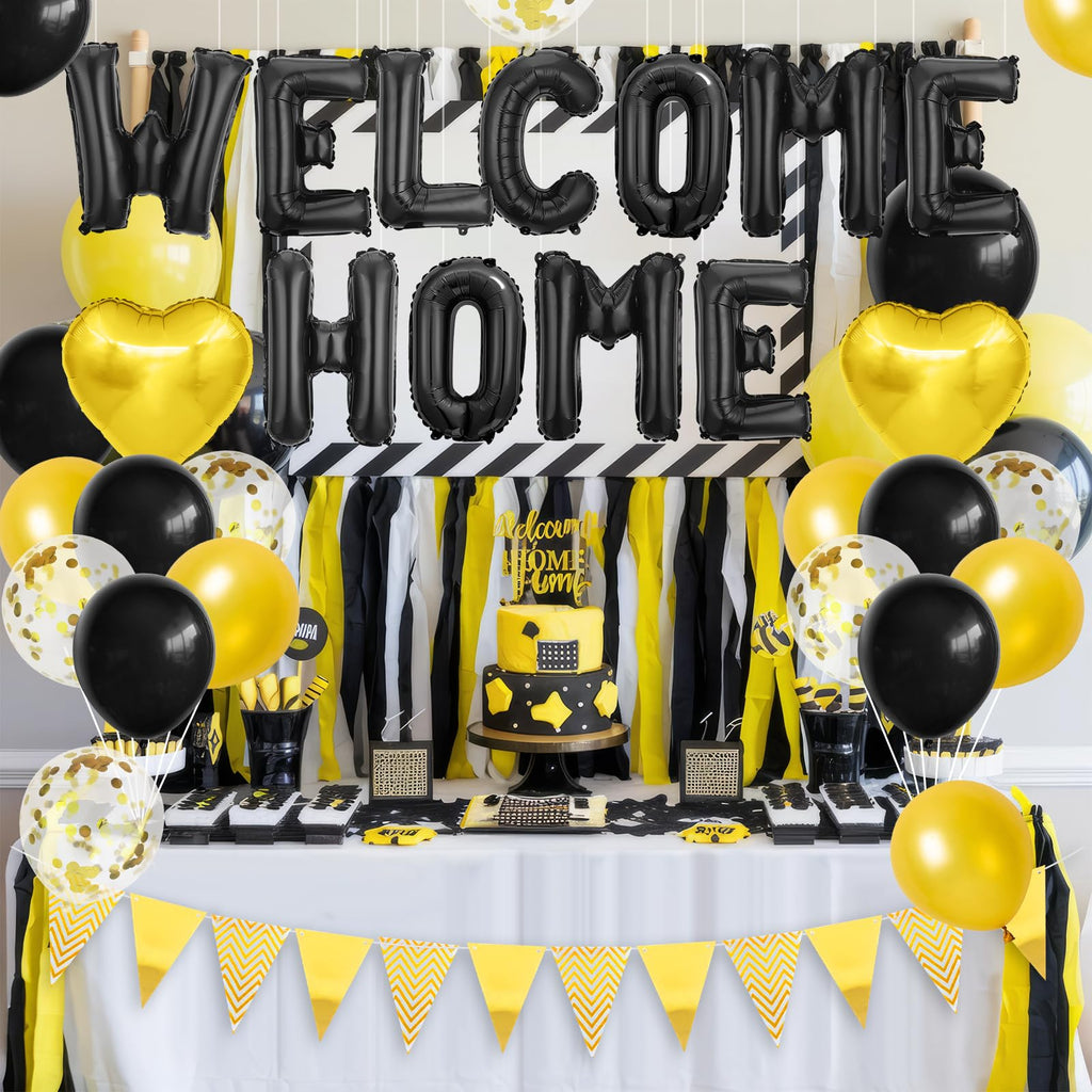 Adorely Black Gold Welcome Home Balloon Banner Set with Foil Banner, Heart Balloons & Confetti