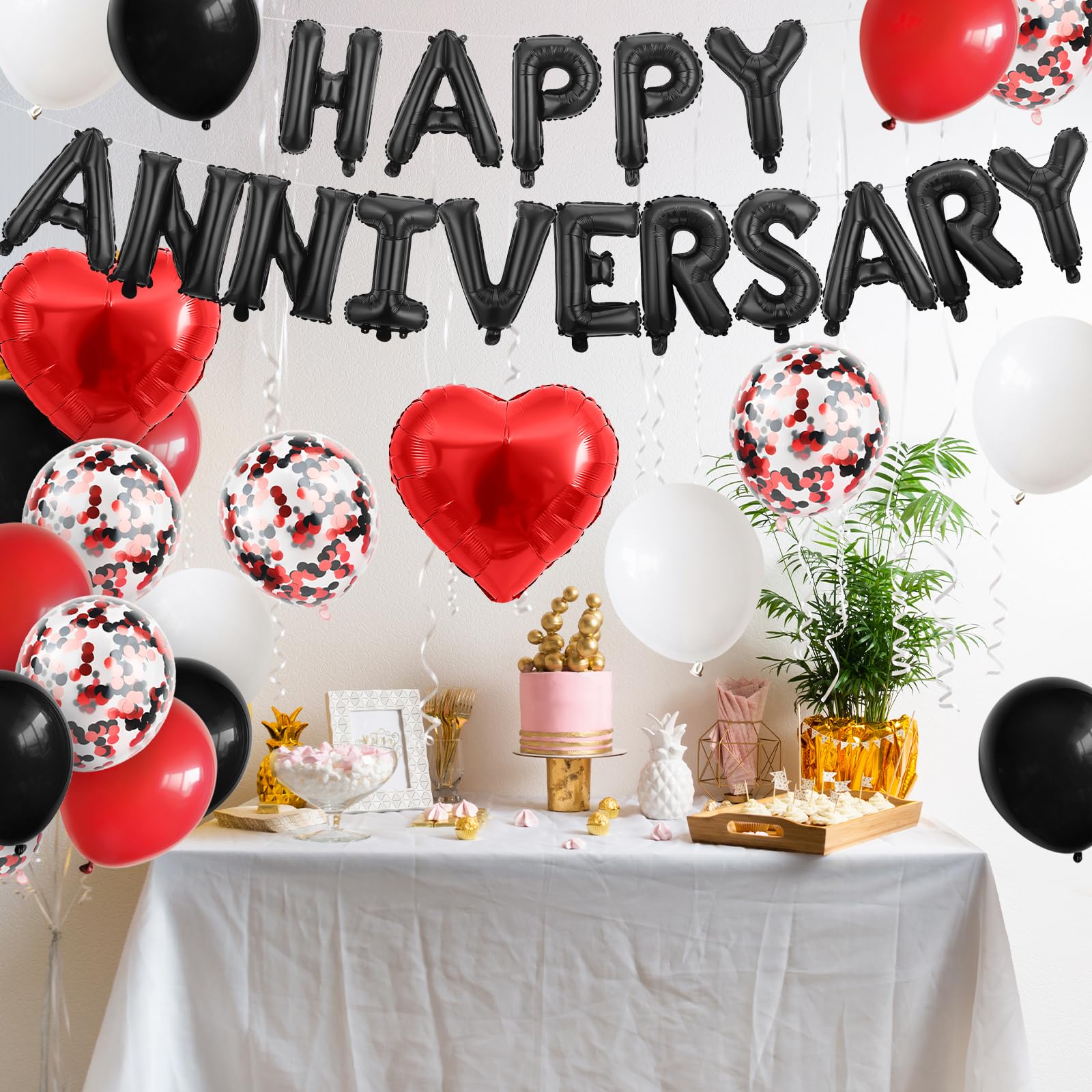 Adorely Black Red Anniversary Balloon Set – 14-Piece Happy Anniversary Foil Banner, Heart Balloons & Confetti Balloons for Romantic Celebrations