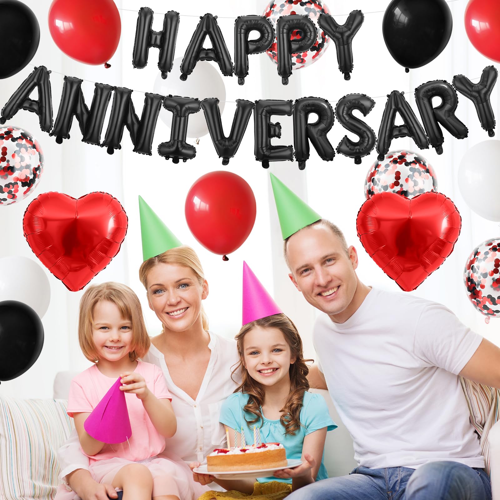 Adorely Black Red Anniversary Balloon Set – 14-Piece Happy Anniversary Foil Banner, Heart Balloons & Confetti Balloons for Romantic Celebrations
