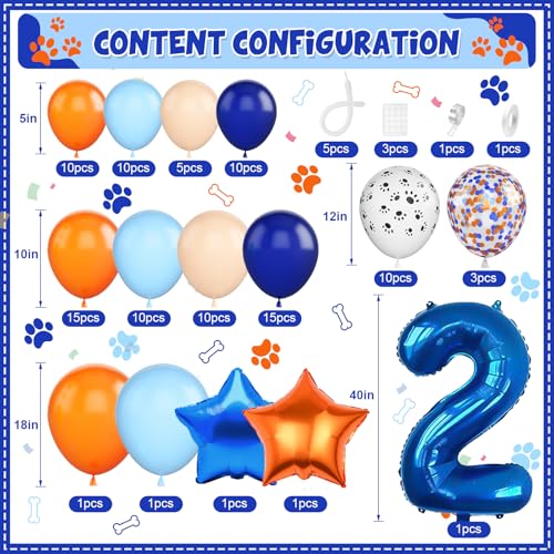 Adorely Blue and Orange Dog Paw 2nd Birthday Balloon Arch Kit with Number 2 Foil Balloon (101 Pieces)