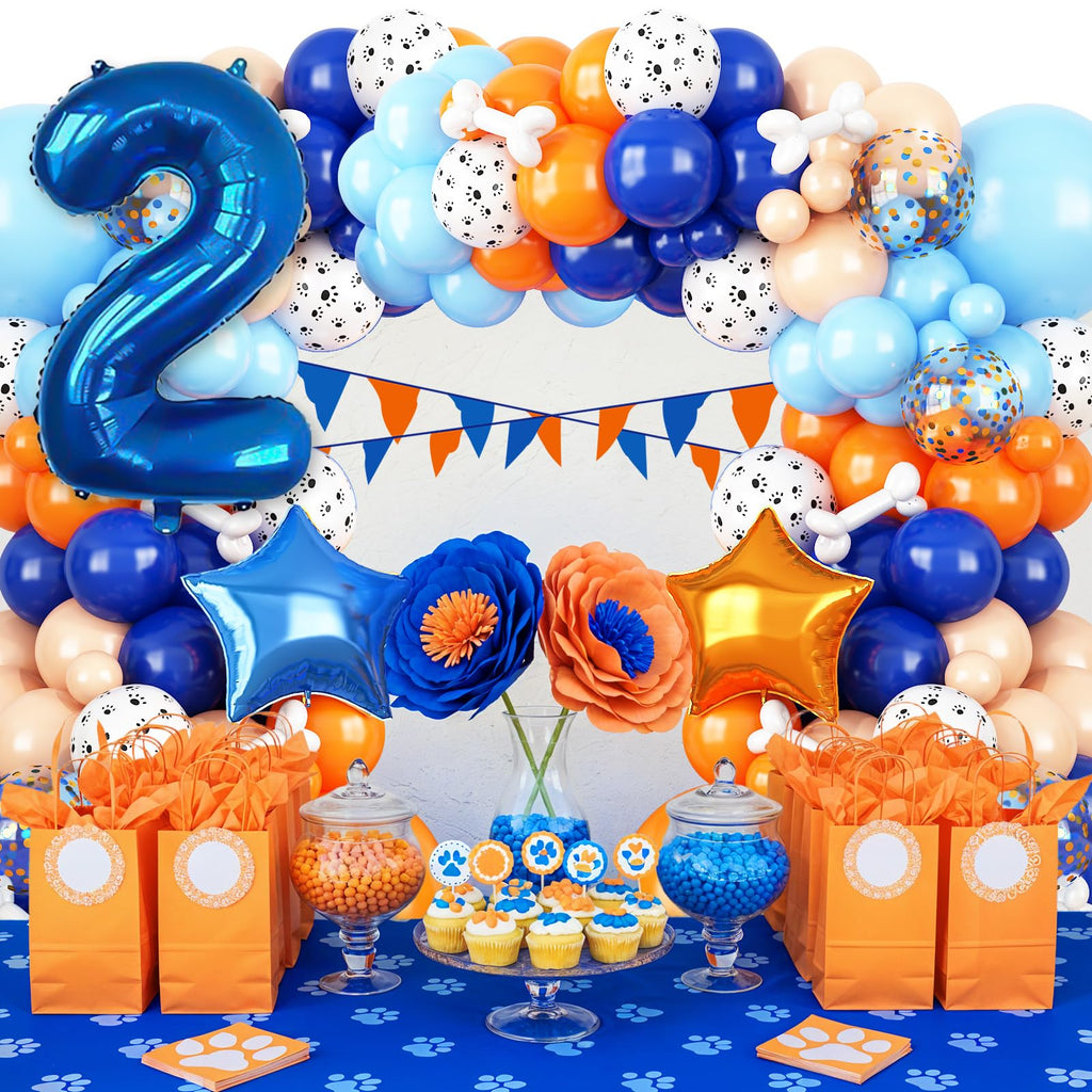 Adorely Blue and Orange Dog Paw 2nd Birthday Balloon Arch Kit with Number 2 Foil Balloon (101 Pieces)