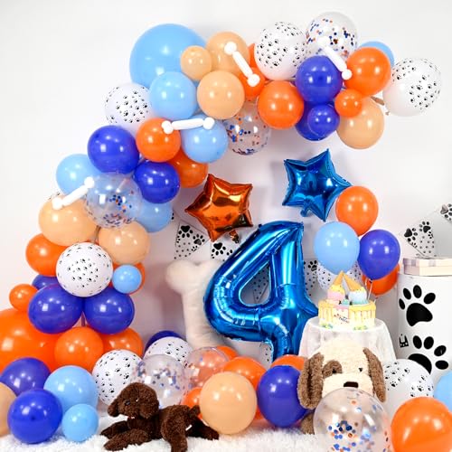 Adorely Blue and Orange Dog Paw 4th Birthday Balloon Arch Garland Kit with Number 4 Foil Balloon