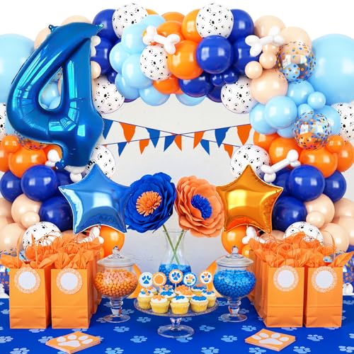 Adorely Blue and Orange Dog Paw 4th Birthday Balloon Arch Garland Kit with Number 4 Foil Balloon