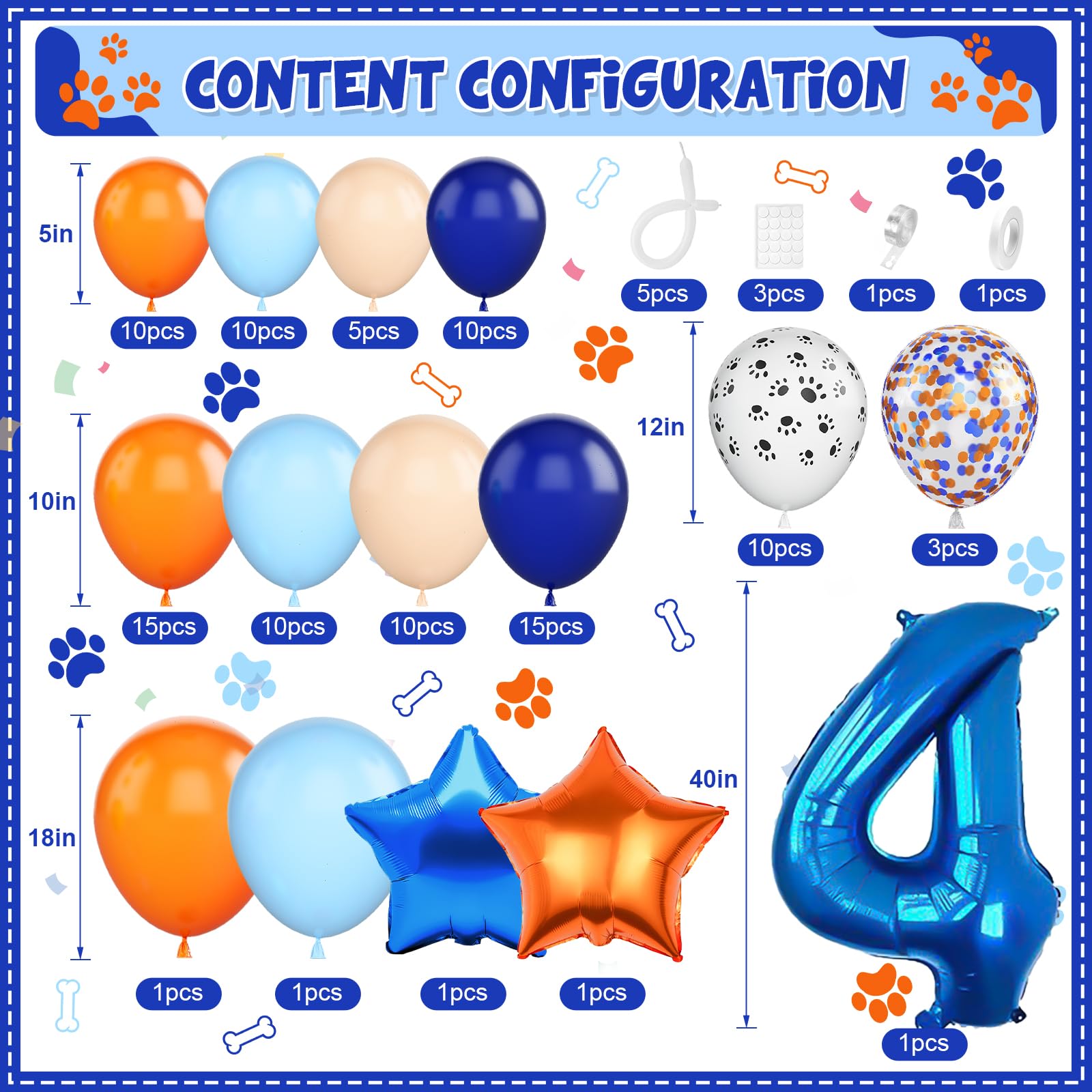 Adorely Blue and Orange Dog Paw 4th Birthday Balloon Arch Garland Kit with Number 4 Foil Balloon