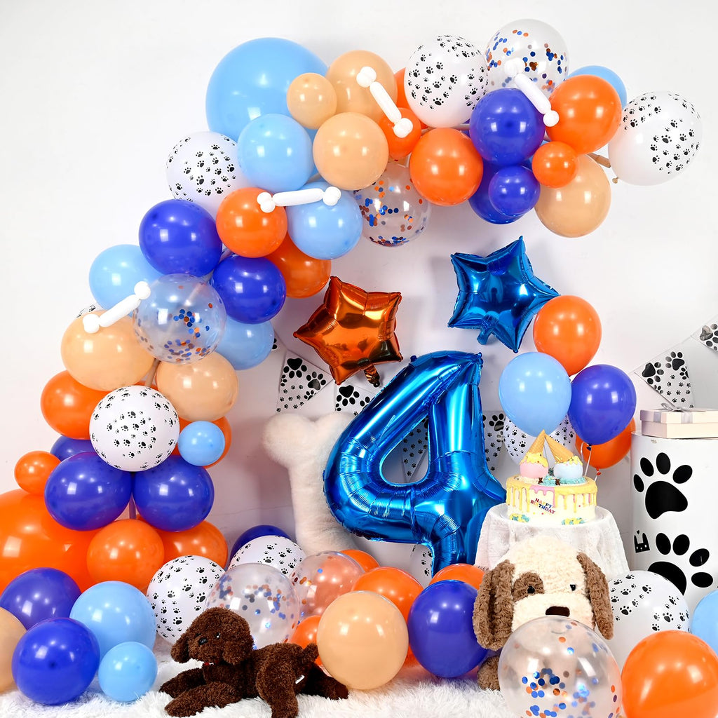 Adorely Blue and Orange Dog Paw 4th Birthday Balloon Arch Garland Kit with Number 4 Foil Balloon