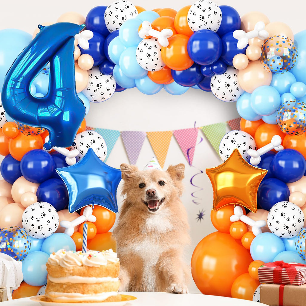Adorely Blue and Orange Dog Paw 4th Birthday Balloon Arch Garland Kit with Number 4 Foil Balloon