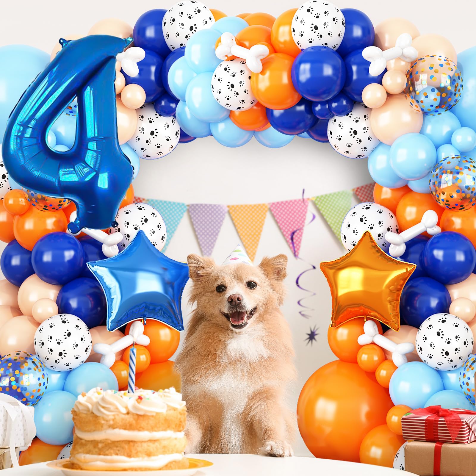 Adorely Blue and Orange Dog Paw 4th Birthday Balloon Arch Garland Kit with Number 4 Foil Balloon