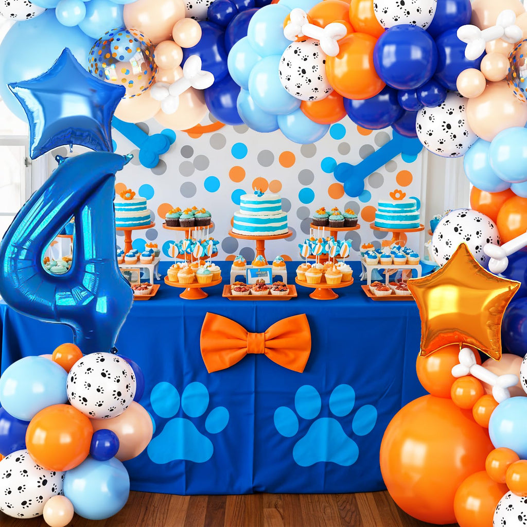 Adorely Blue and Orange Dog Paw 4th Birthday Balloon Arch Garland Kit with Number 4 Foil Balloon