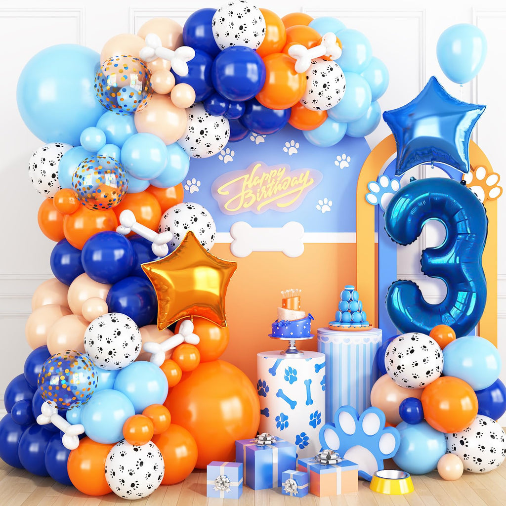 Adorely Blue and Orange Dog Paw Balloon Arch Garland – 3rd Birthday Party Decorations with Number 3 Foil Balloon