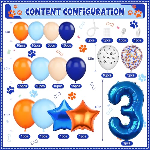 Adorely Blue and Orange Dog Paw Balloon Arch Garland – 3rd Birthday Party Decorations with Number 3 Foil Balloon