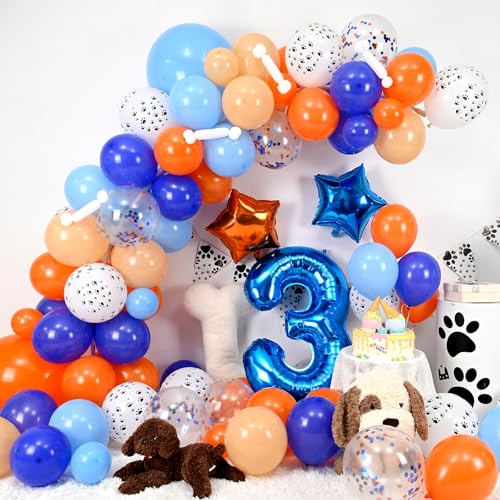 Adorely Blue and Orange Dog Paw Balloon Arch Garland – 3rd Birthday Party Decorations with Number 3 Foil Balloon