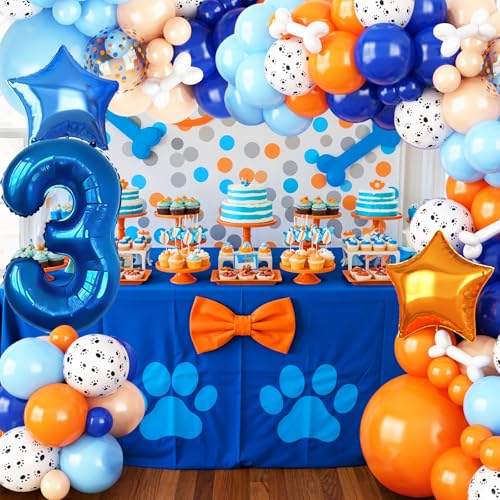 Adorely Blue and Orange Dog Paw Balloon Arch Garland – 3rd Birthday Party Decorations with Number 3 Foil Balloon