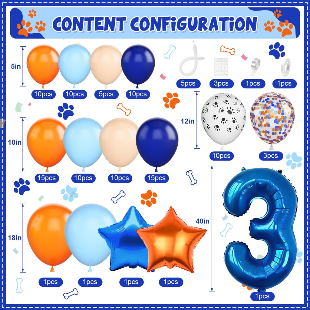 Adorely Blue and Orange Dog Paw Balloon Arch Garland – 3rd Birthday Party Decorations with Number 3 Foil Balloon