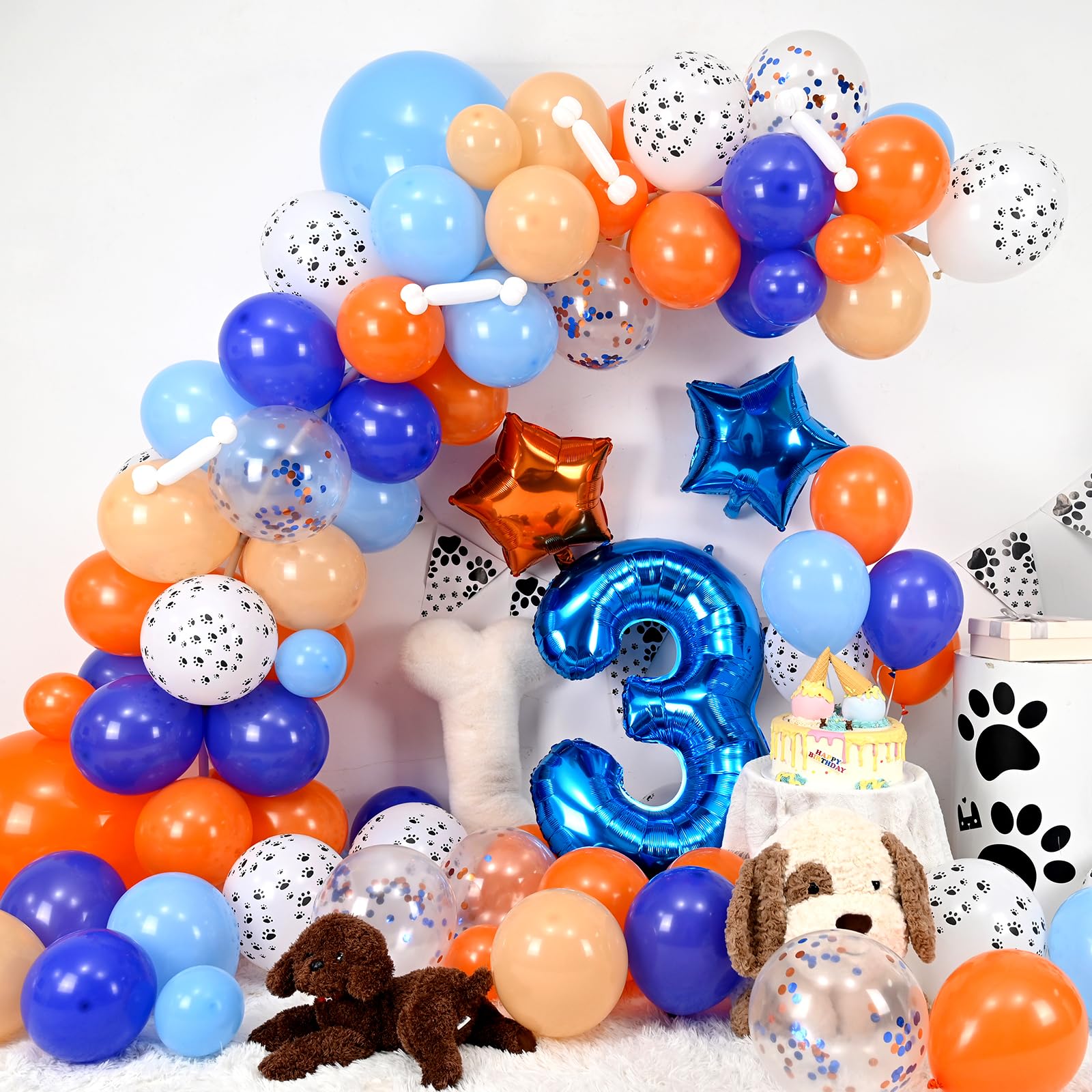 Adorely Blue and Orange Dog Paw Balloon Arch Garland – 3rd Birthday Party Decorations with Number 3 Foil Balloon