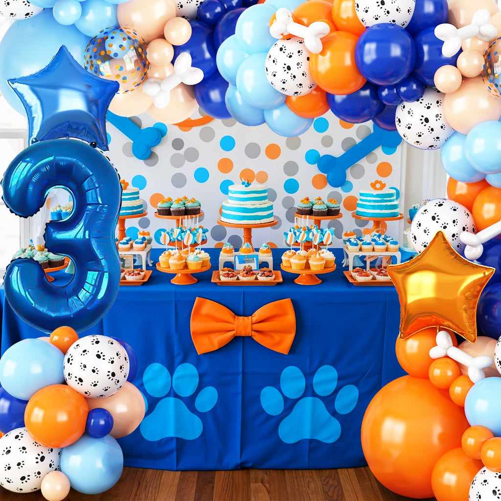 Adorely Blue and Orange Dog Paw Balloon Arch Garland – 3rd Birthday Party Decorations with Number 3 Foil Balloon