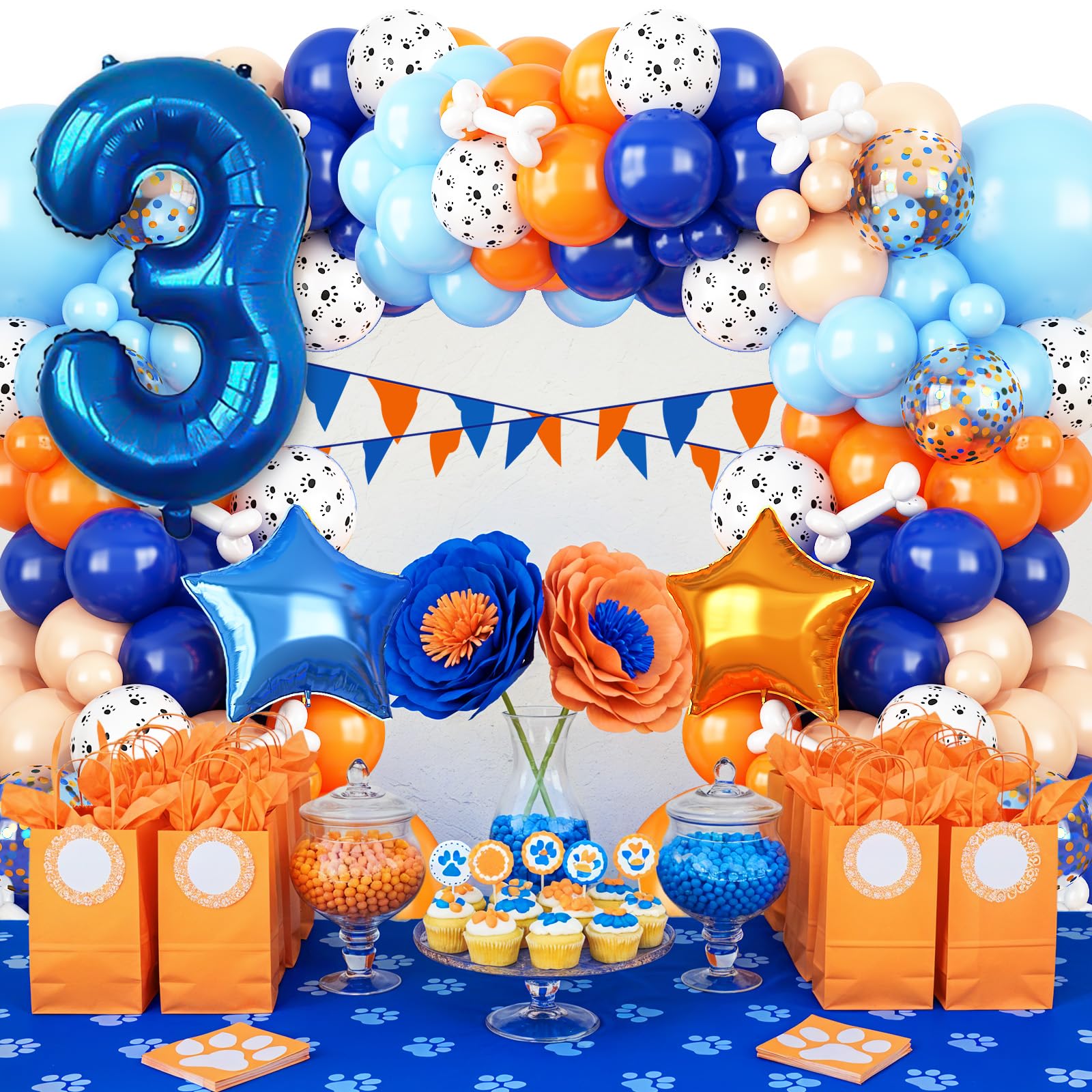 Adorely Blue and Orange Dog Paw Balloon Arch Garland – 3rd Birthday Party Decorations with Number 3 Foil Balloon