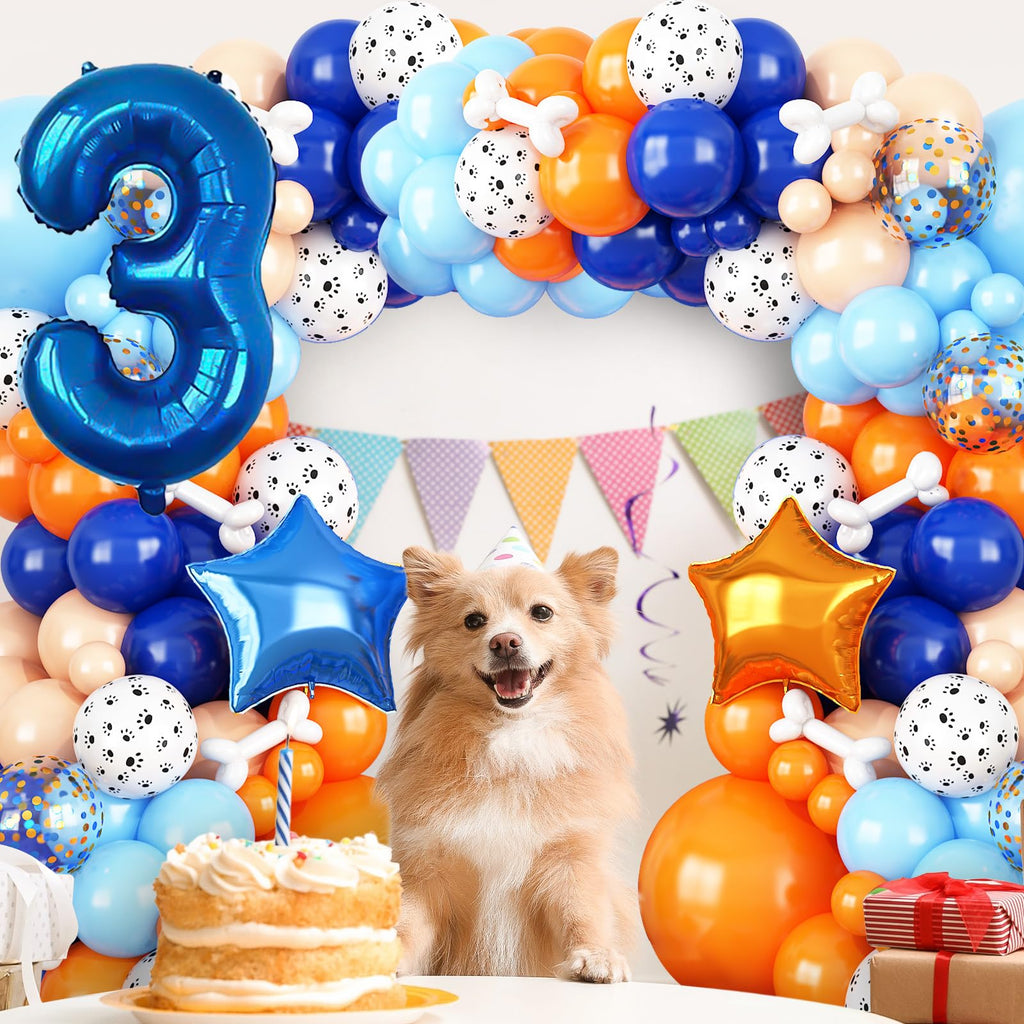 Adorely Blue and Orange Dog Paw Balloon Arch Garland – 3rd Birthday Party Decorations with Number 3 Foil Balloon