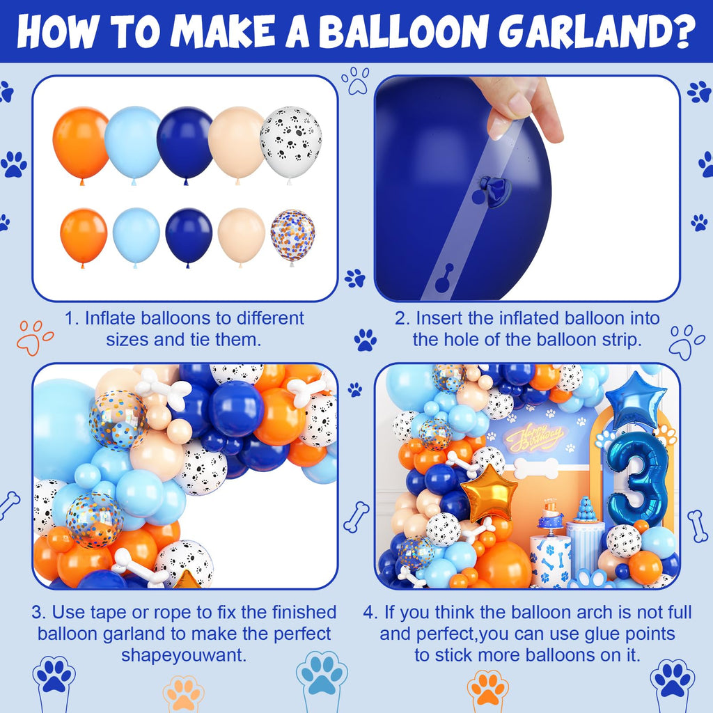 Adorely Blue and Orange Dog Paw Balloon Arch Garland – 3rd Birthday Party Decorations with Number 3 Foil Balloon