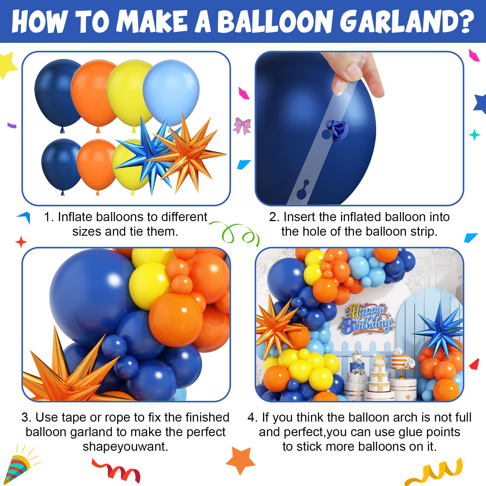 Adorely Blue and Orange Yellow Balloon Arch Kit – 100 Latex and Foil Balloons for DIY Party Decor