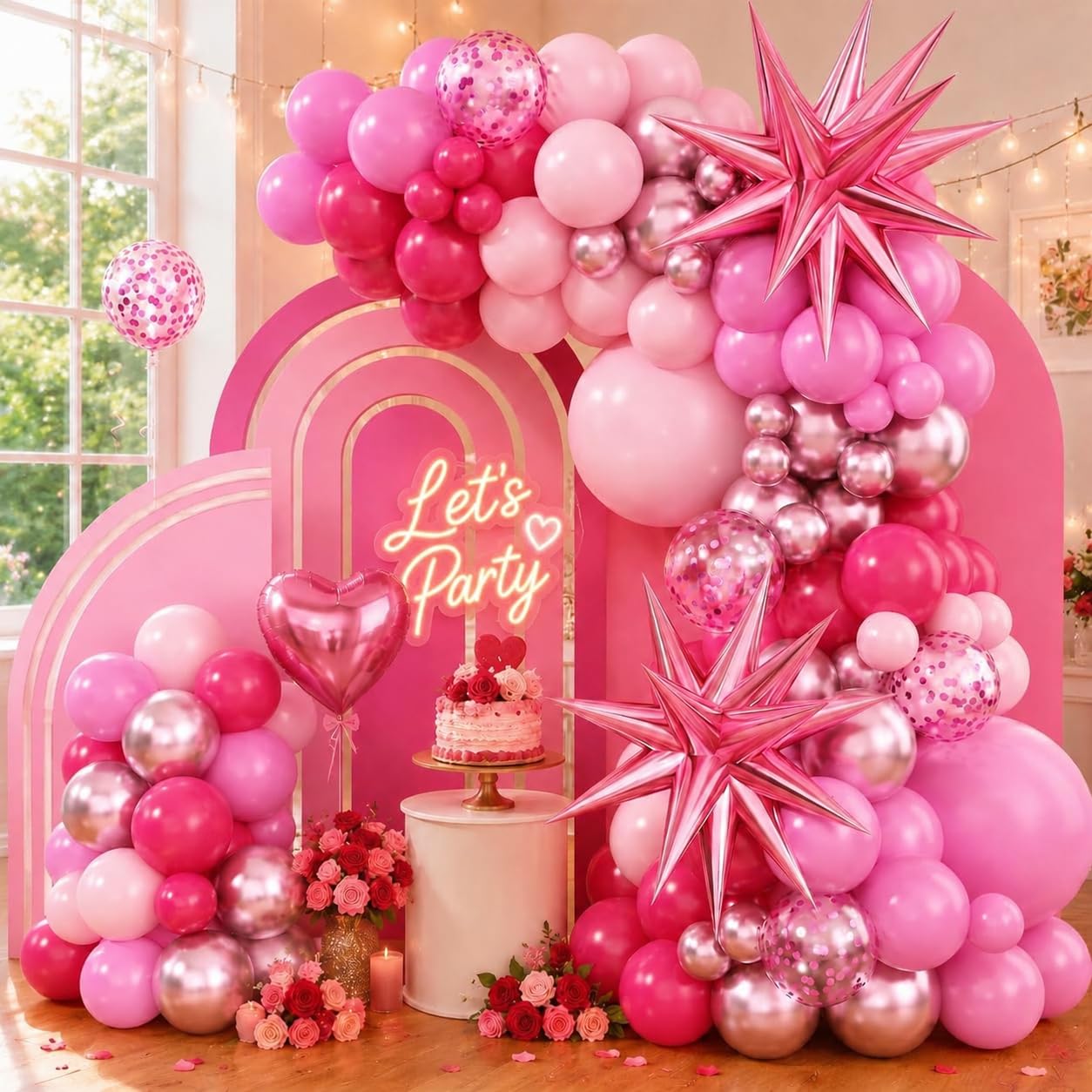 Adorely Pink Balloon Arch Kit – 94-Piece Pastel & Metallic Balloon Garland with Star Foils for Birthday Baby Shower Decorations