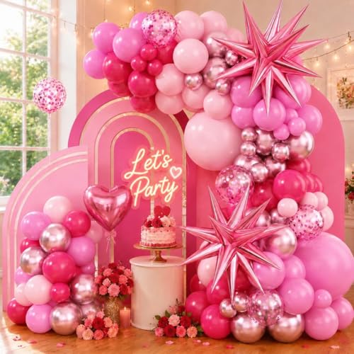 Adorely Pink Balloon Arch Kit – 94-Piece Pastel & Metallic Balloon Garland with Star Foils for Birthday Baby Shower Decorations