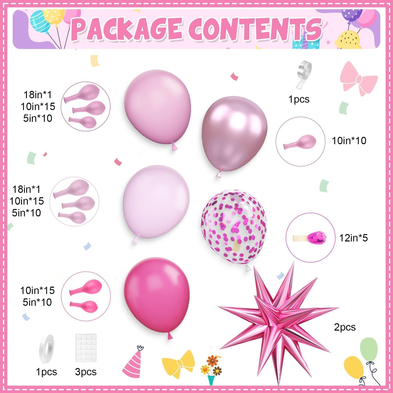 Adorely Pink Balloon Arch Kit – 94-Piece Pastel & Metallic Balloon Garland with Star Foils for Birthday Baby Shower Decorations