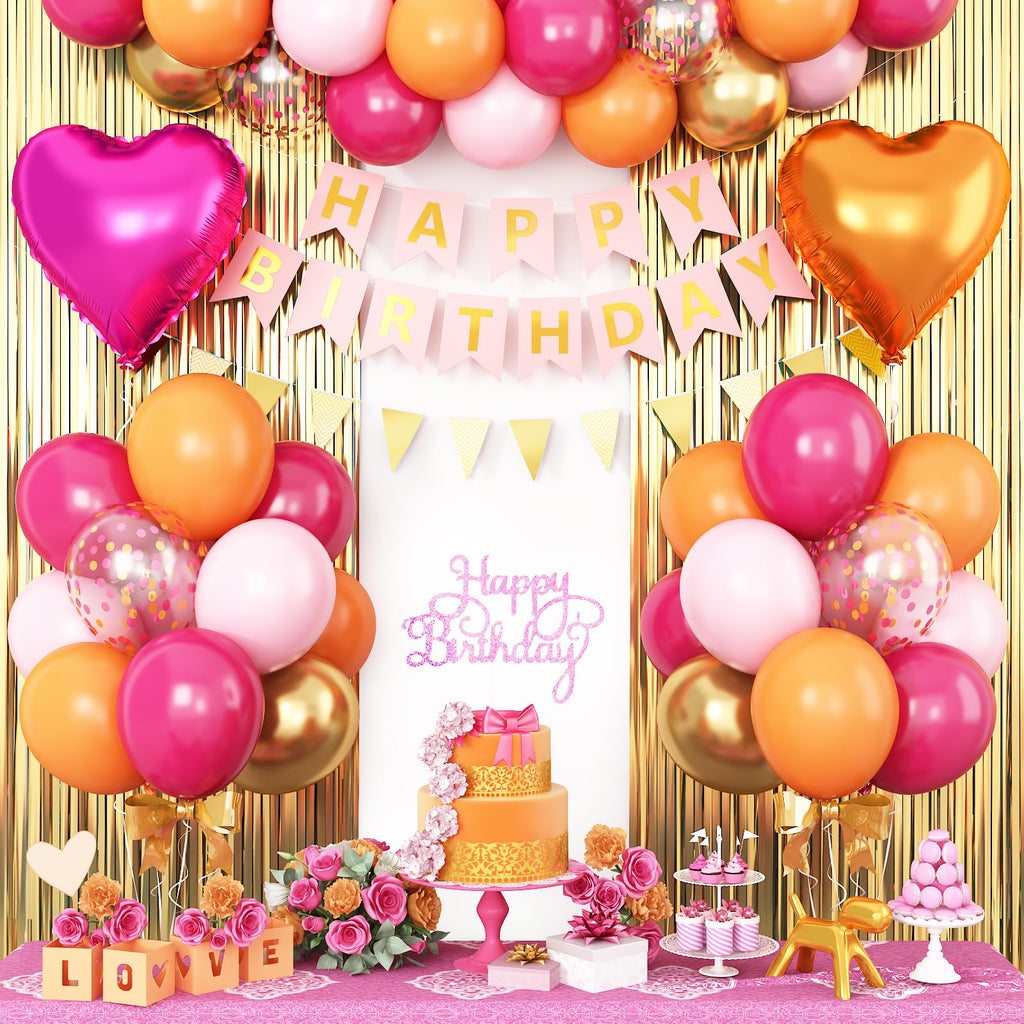 Adorely Pink Orange Birthday Decorations Kit: 32 Latex Balloons, Gold Fringe Curtain, Banner, and Cake Topper