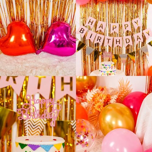Adorely Pink Orange Birthday Decorations Kit: 32 Latex Balloons, Gold Fringe Curtain, Banner, and Cake Topper
