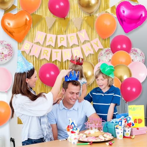 Adorely Pink Orange Birthday Decorations Kit: 32 Latex Balloons, Gold Fringe Curtain, Banner, and Cake Topper