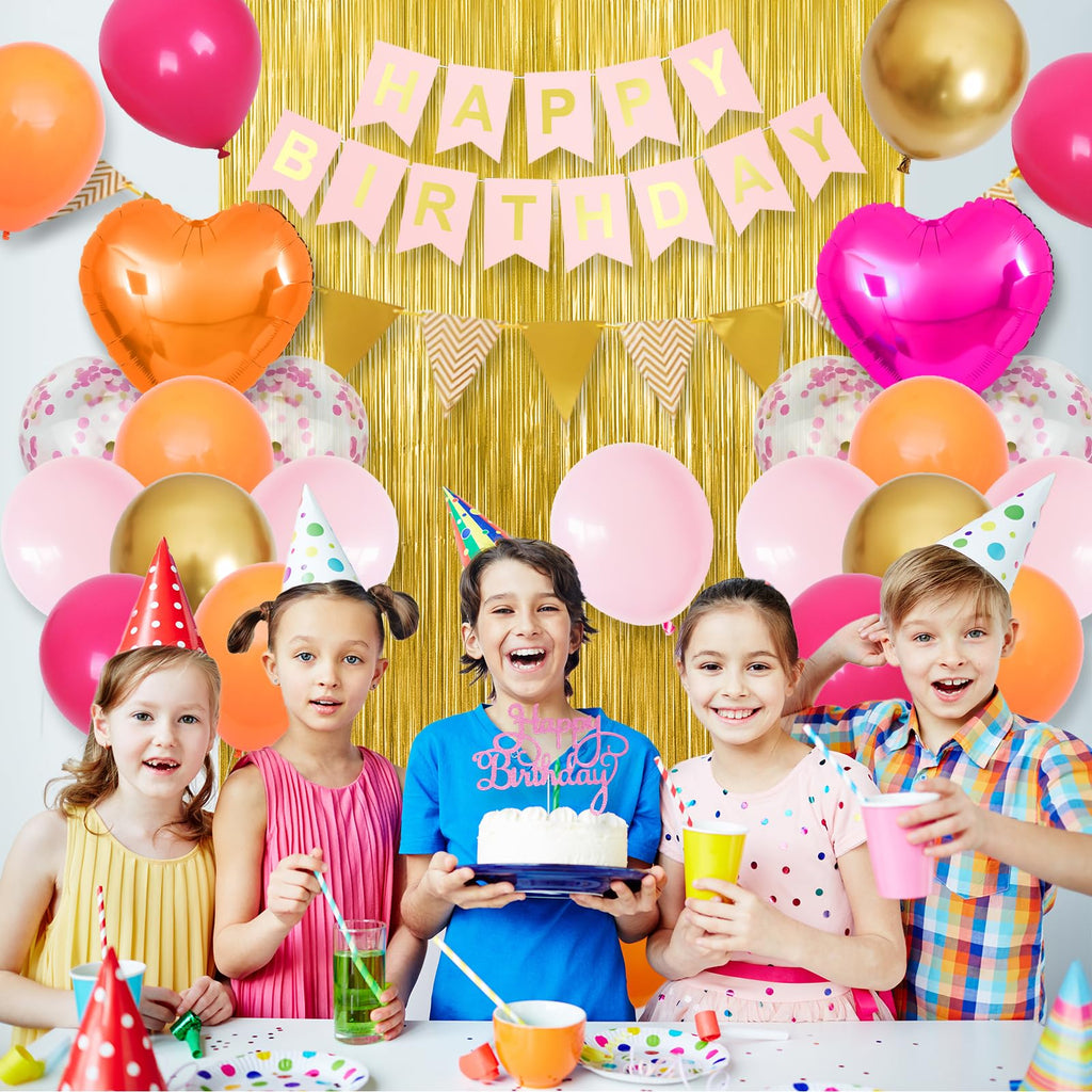 Adorely Pink Orange Birthday Decorations Kit: 32 Latex Balloons, Gold Fringe Curtain, Banner, and Cake Topper
