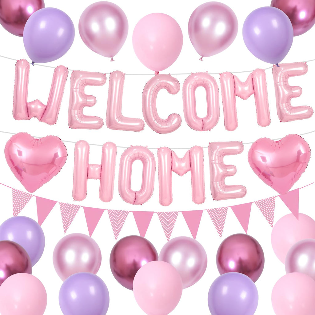 Adorely Pink Welcome Home Balloon Set with Foil Banner, Heart Balloons & Pennant Flags for Baby Shower & Housewarming